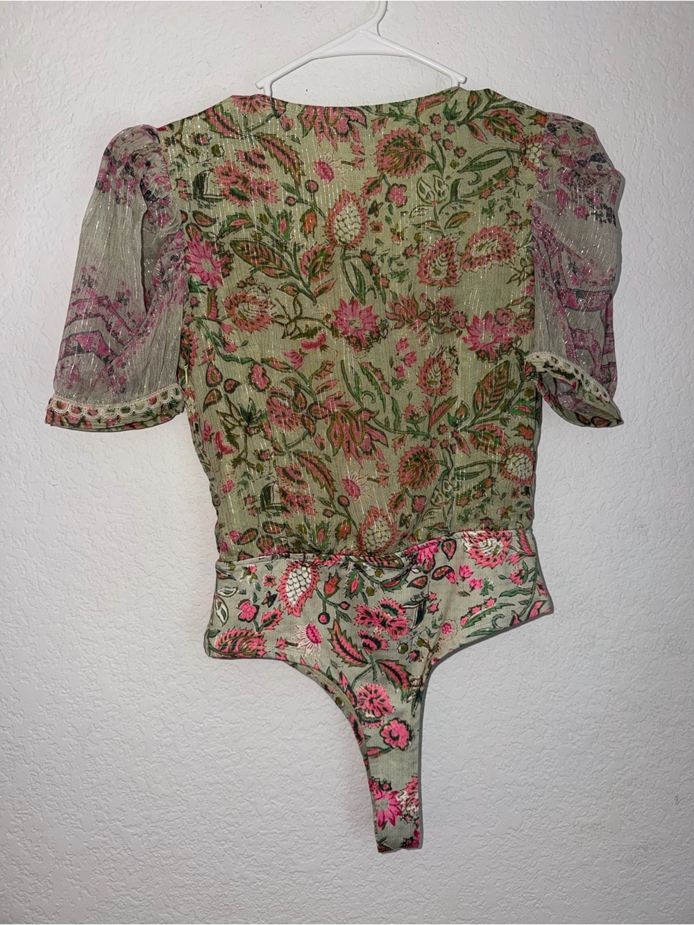 HEMANT & NANDITA Sage Green Floral V-Neck Puff Sleeve Top with Pink Accents - Picture 8 of 9